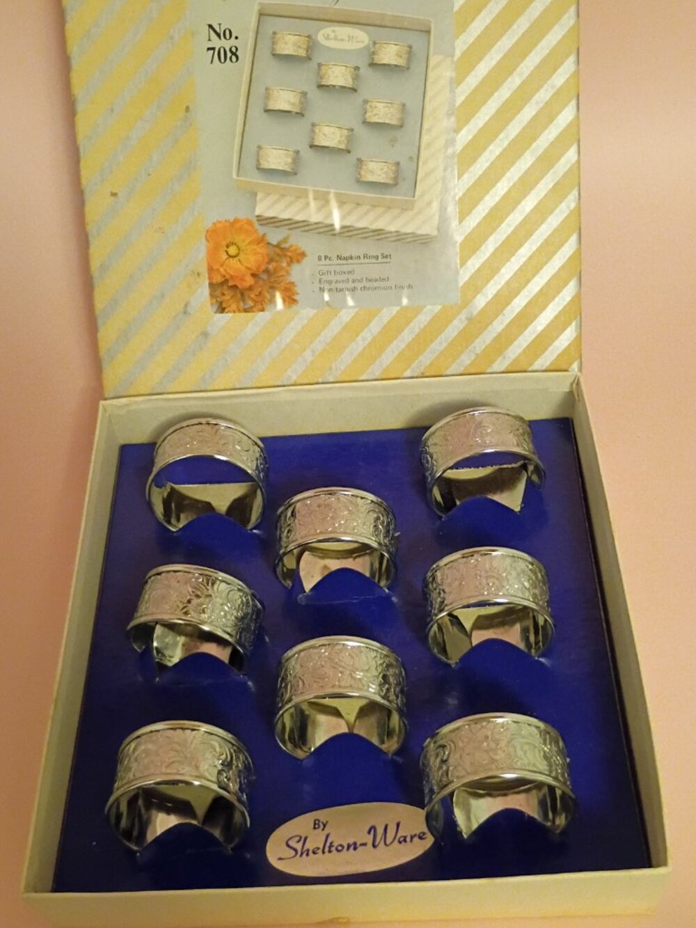 Vintage Carefree Chromium Shelton Ware Napkin Rings Embossed Florals #708 Set 8